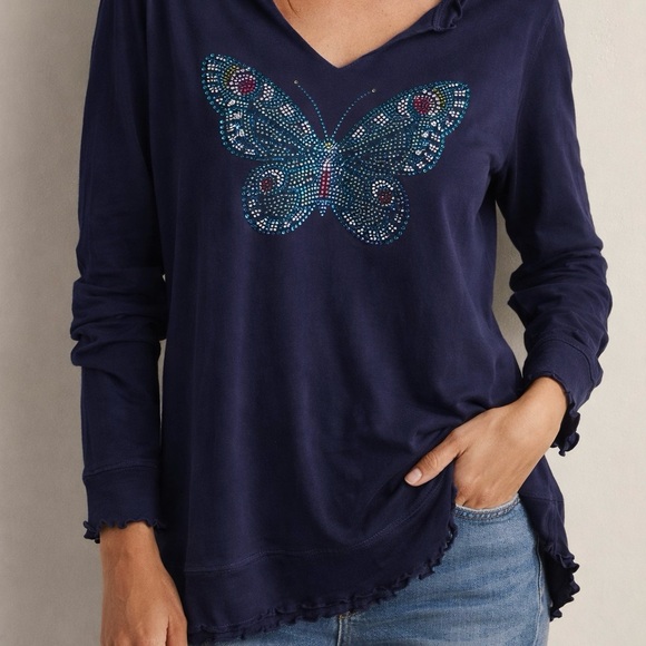 Quacker Factory Butterfly Embellished Long Sleeve Top - Picture 6 of 7